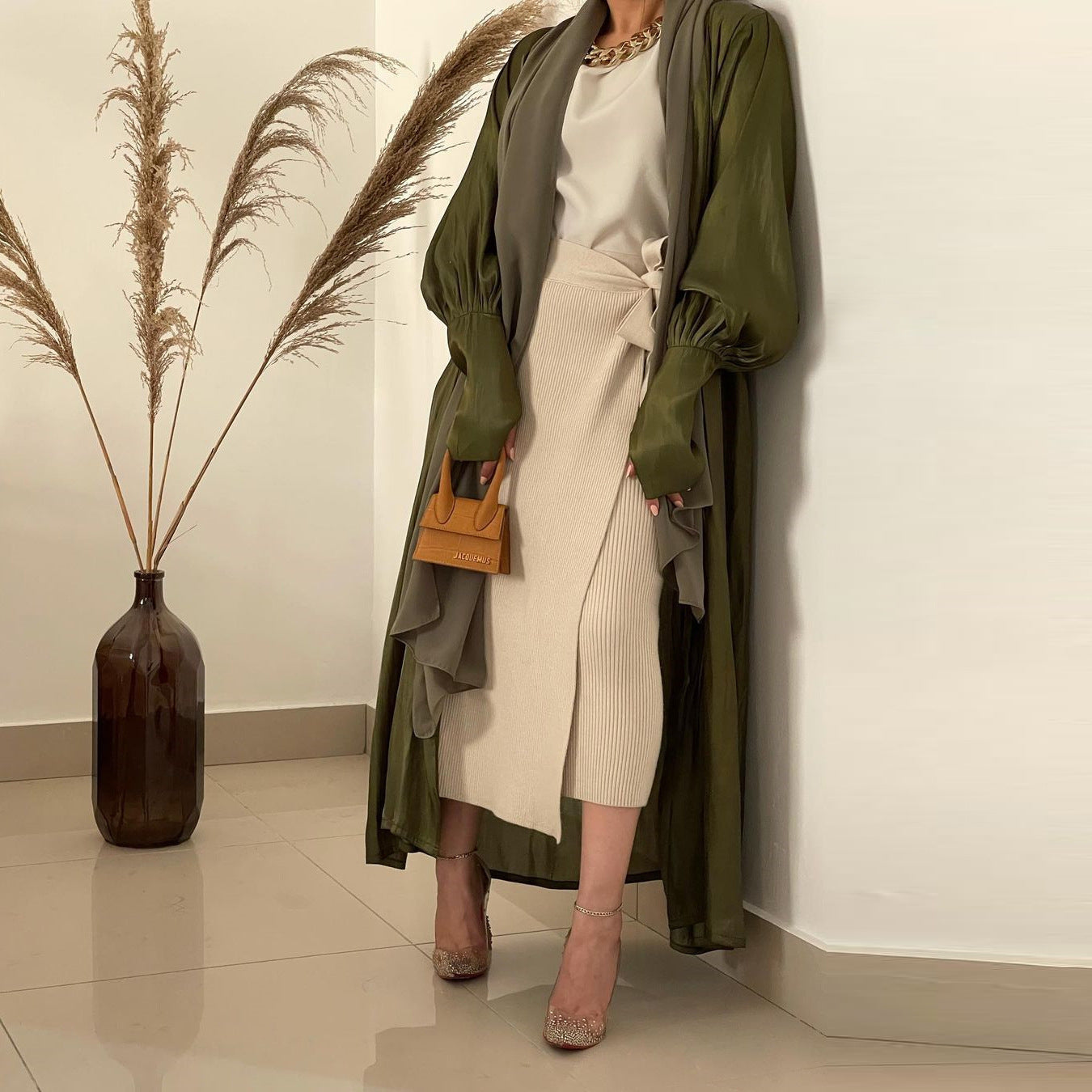 Arab Satin Cardigan Abaya Cuff Sleeves