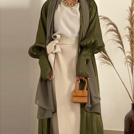 Arab Satin Cardigan Abaya Cuff Sleeves