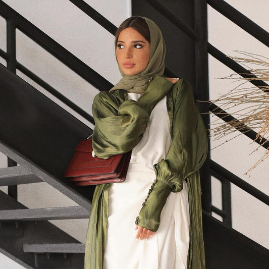 Arab Satin Cardigan Abaya Cuff Sleeves